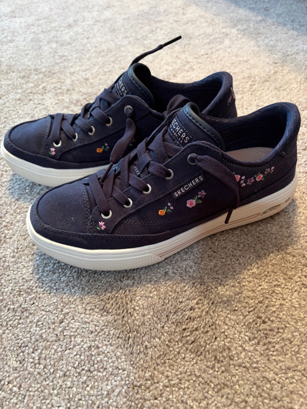 Skechers Navy Canvas Sneakers with Pink Floral Embroidery